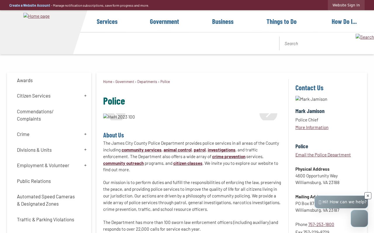 James City County active warrant and police contact page
