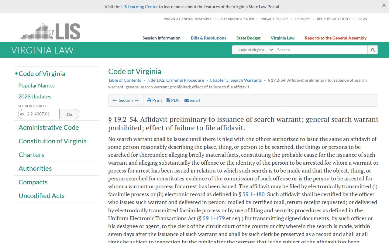 James City County warrant records and Virginia search-warrant access rule