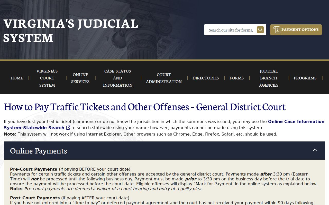 James City County traffic warrant and official court payment instructions