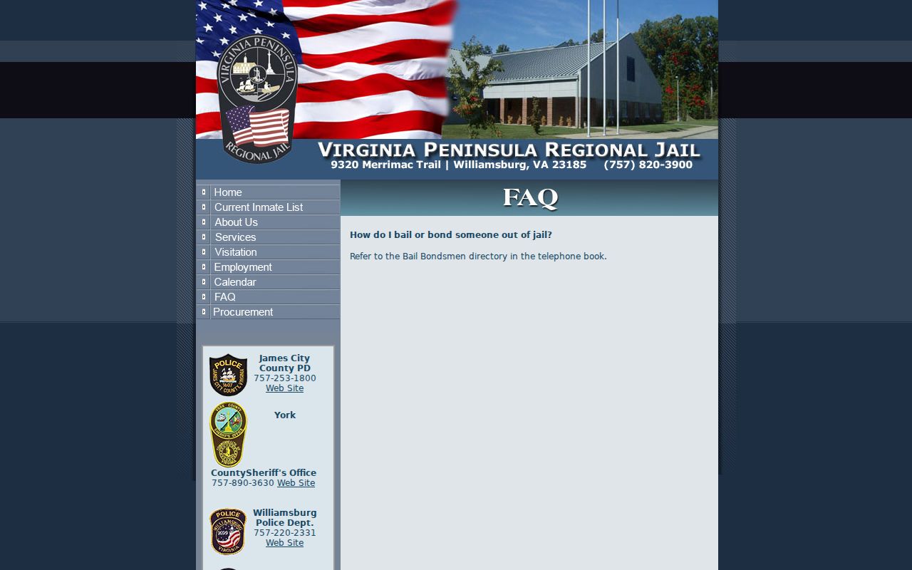 James City County arrest warrant bond guidance from the regional jail FAQ
