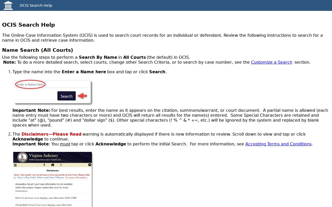 James City County warrant search fields in the Virginia OCIS court interface
